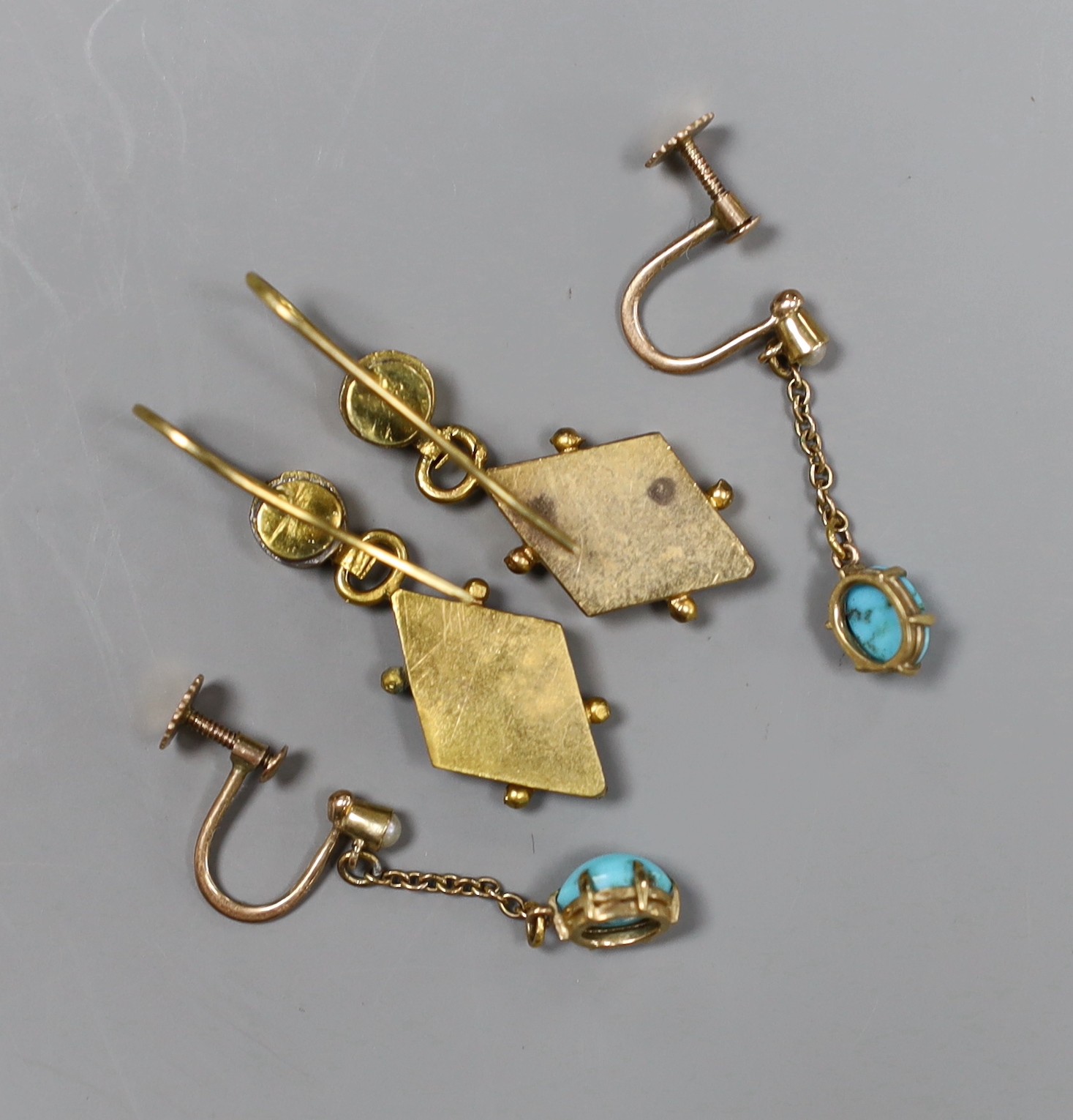 A pair of early 20th century 9ct gold seed pearl and turquoise drop earrings, 2.5cm and a pair of gilt metal and micro-mosaic earrings